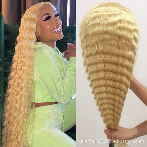 Free Sample Custom Brazilliin Humana Deep Curls Swiss 613 4X4 Closure 40 Blonde Straight 1B 37 Lace Front Human Wigs